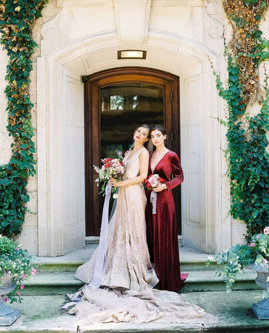 Bride and Brides Maid with Bouquet with Silk Ribbon by The Lesser Bear Photo Jenny Haas Design Auburn and Ivory Florals Old Slate Farm