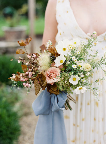 Habotai Silk Ribbon in Blue, naturally dyed by The Lesser Bear, Bouquet by Old Slate Farm photo by Jenna Powers
