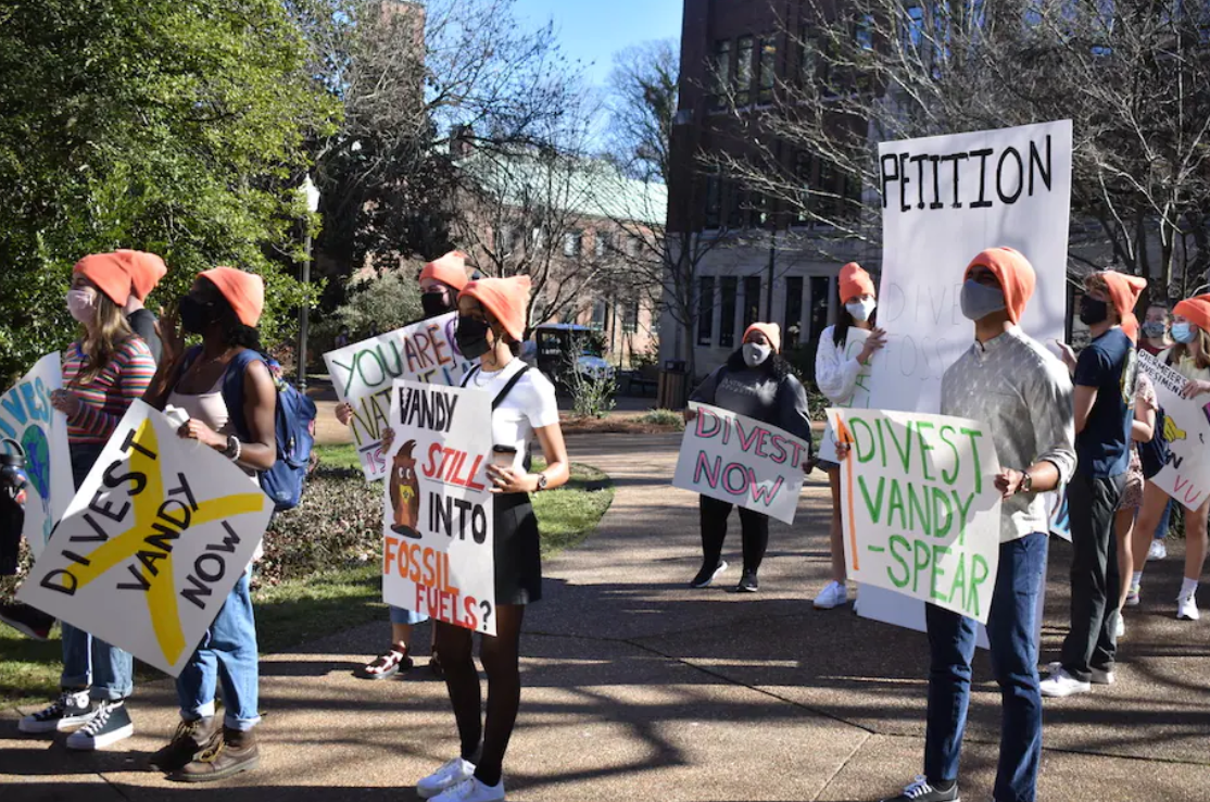 A rally in Nashville in February 2021 calls on Vanderbilt University to divest from its involvement in fossil fuels.