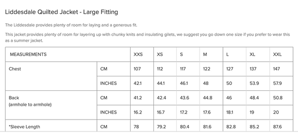 barbour size chart