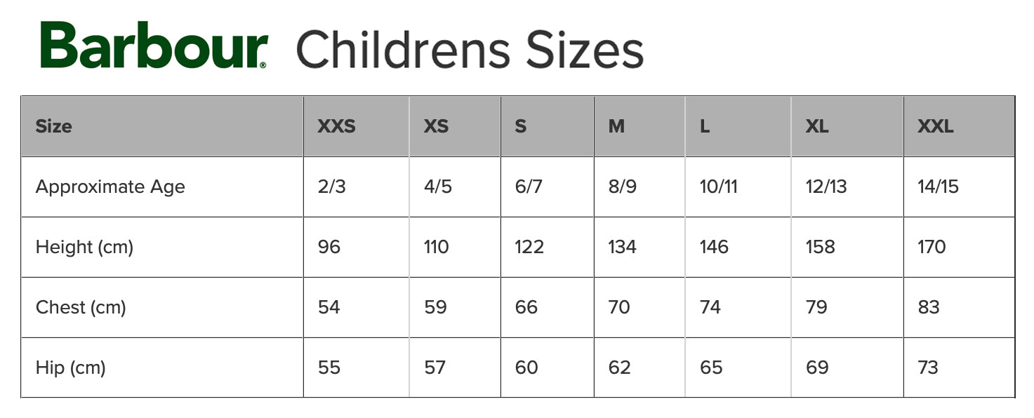 childrens barbour jacket size guide