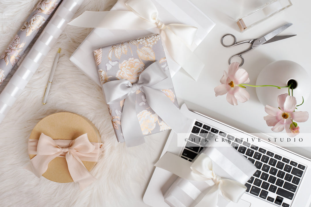 Tablet, Gifts & Pretty Wrapping Paper. Stock Image