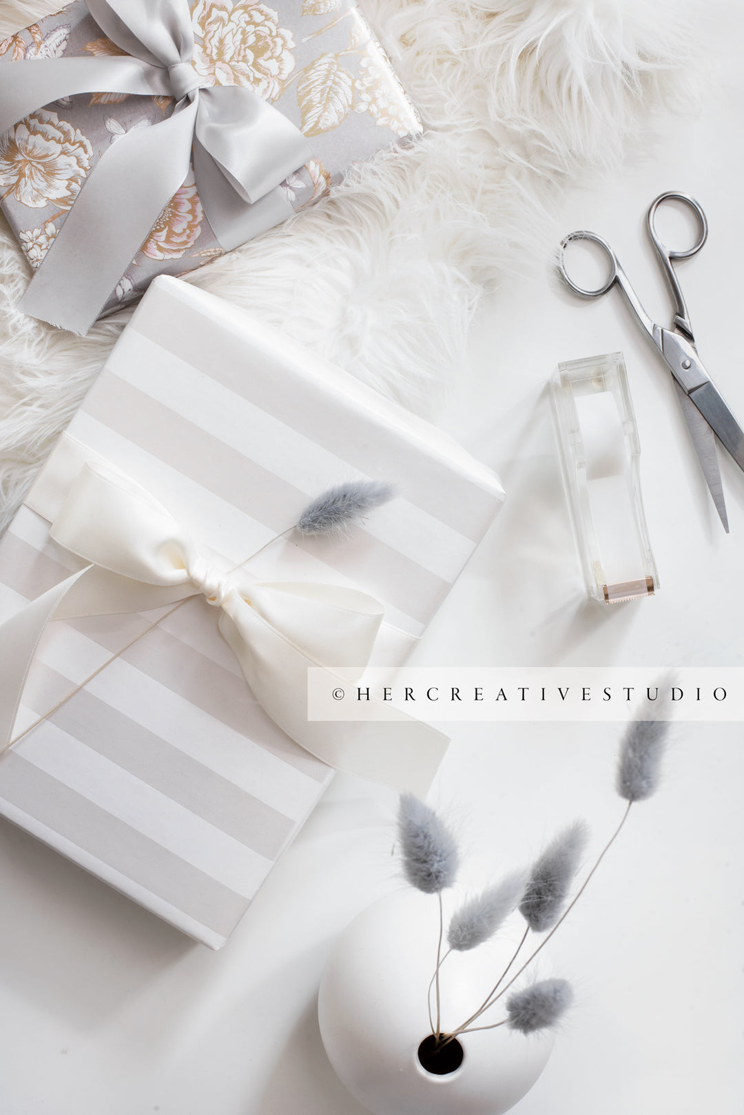 Gifts, Ribbon, Flowers & Scissors. Stock Image – Her Creative Studio