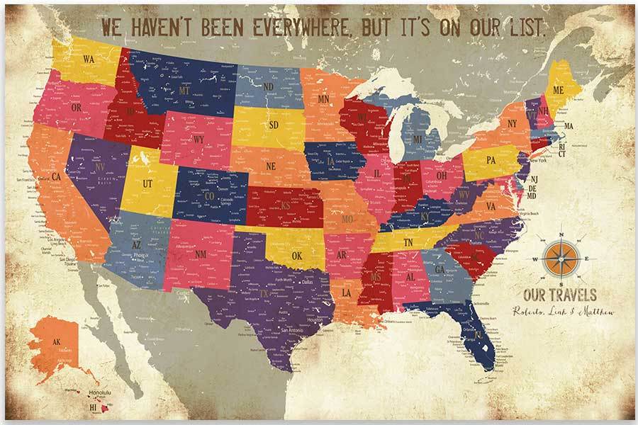 Detailed USA map, Colorful Distressed Style, Poster - World Vibe Studio