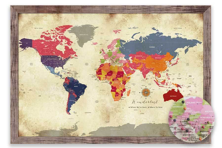 Colorful Vintage Style World Map, Framed, With Push Pins - World Vibe Studio