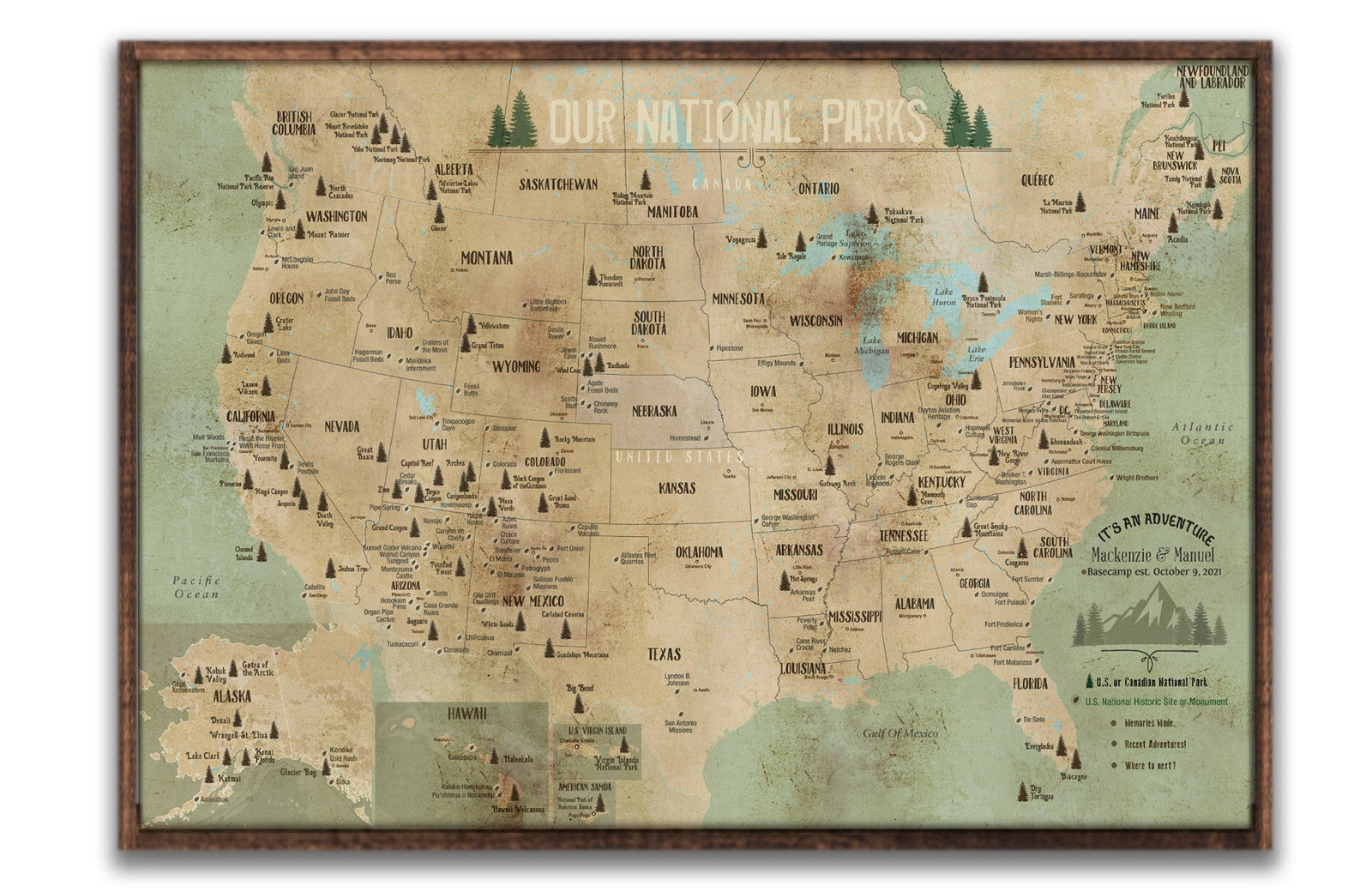 Framed National Parks Travel Map National Parks Maps - World Vibe Studio