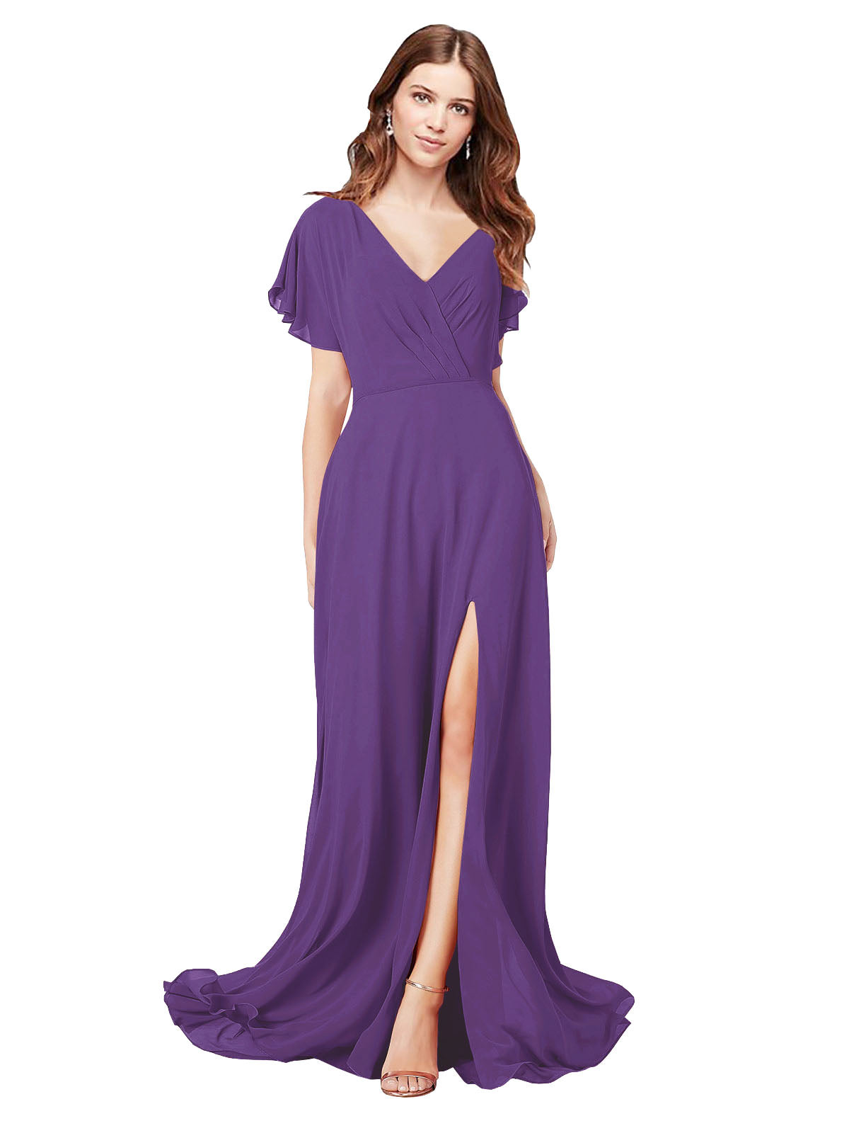 Plum Purple A-Line V-Neck Cap Sleeves Long Bridesmaid Dress Marisol
