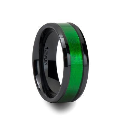 Black Ceramic Ring | Green Inlay | TCRings