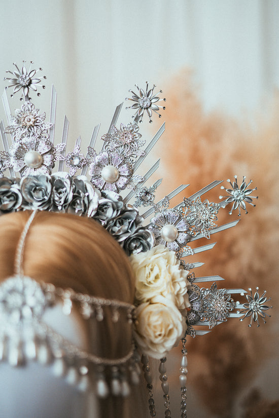 Custom Crown Deposit - Filigree Silver Flower Crown with Veil