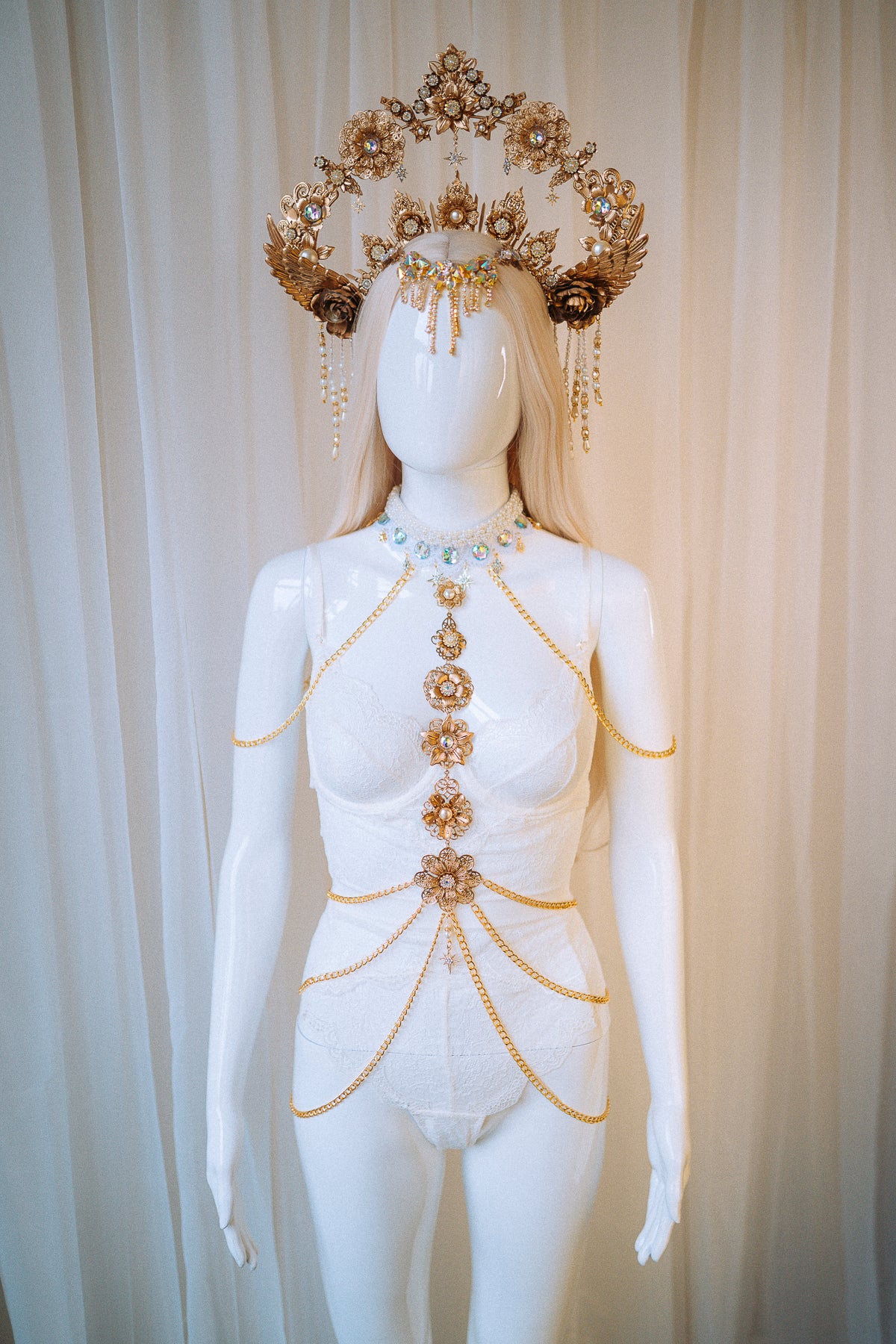 Gold Bra Chain Body Harness Dancer Costume Chain Dress Festival