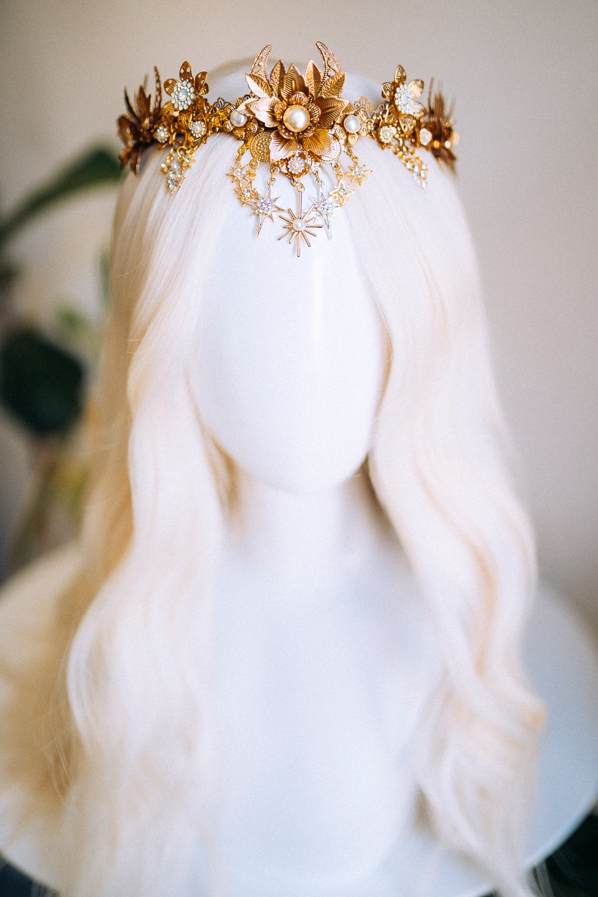 Beige Flower Crown Celestial Gold Wedding Tiara – CARBICKOVA CROWNS