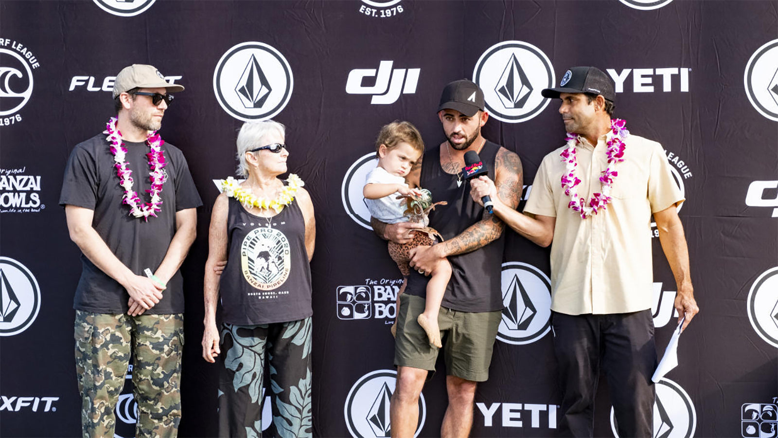 PIPELINE, UNITED STATES- FEBRUARY 01: Prize giving during day 4 the 2020 Volcom Pipe Pro at Pipeline, Haleiwa on February 01, 2020 in Hawaii, USA. (Photo by Keoki Saguibo/WSL via Getty Images)