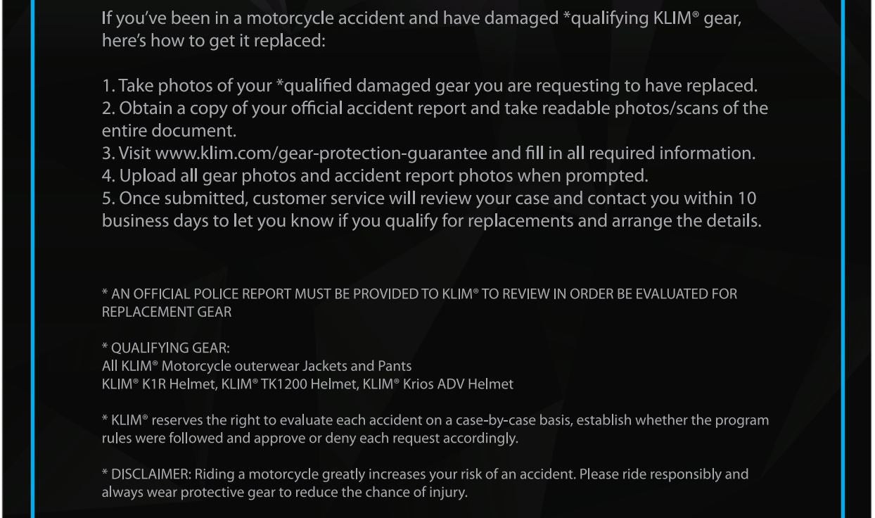 KLIM Motorcycle Gear Protection Guarantee 5 year protection Haustrom.com