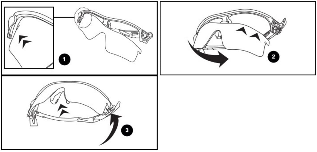 Lens Installation Insert top corner of lens in the lens groove corner (shown with arrows). Rotate lens and position it fully on the lens groove. Push nose bridge onto lens towards the outside. Rotate door closed