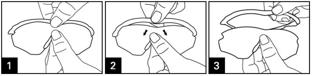 M2, M FRAME & PRO M FRAME LENS REMOVAL INSTRUCTIONS 1. Holding the center of the frame, pull the lens out from the middle. 2. Squeezing the center of the frame, pop up one corner of the frame and lift it away from the lens.