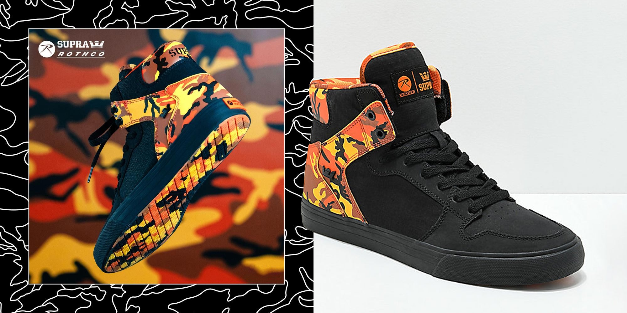 Supra x Rothco Vaider Black & Savage Orange Camo Skate Shoes