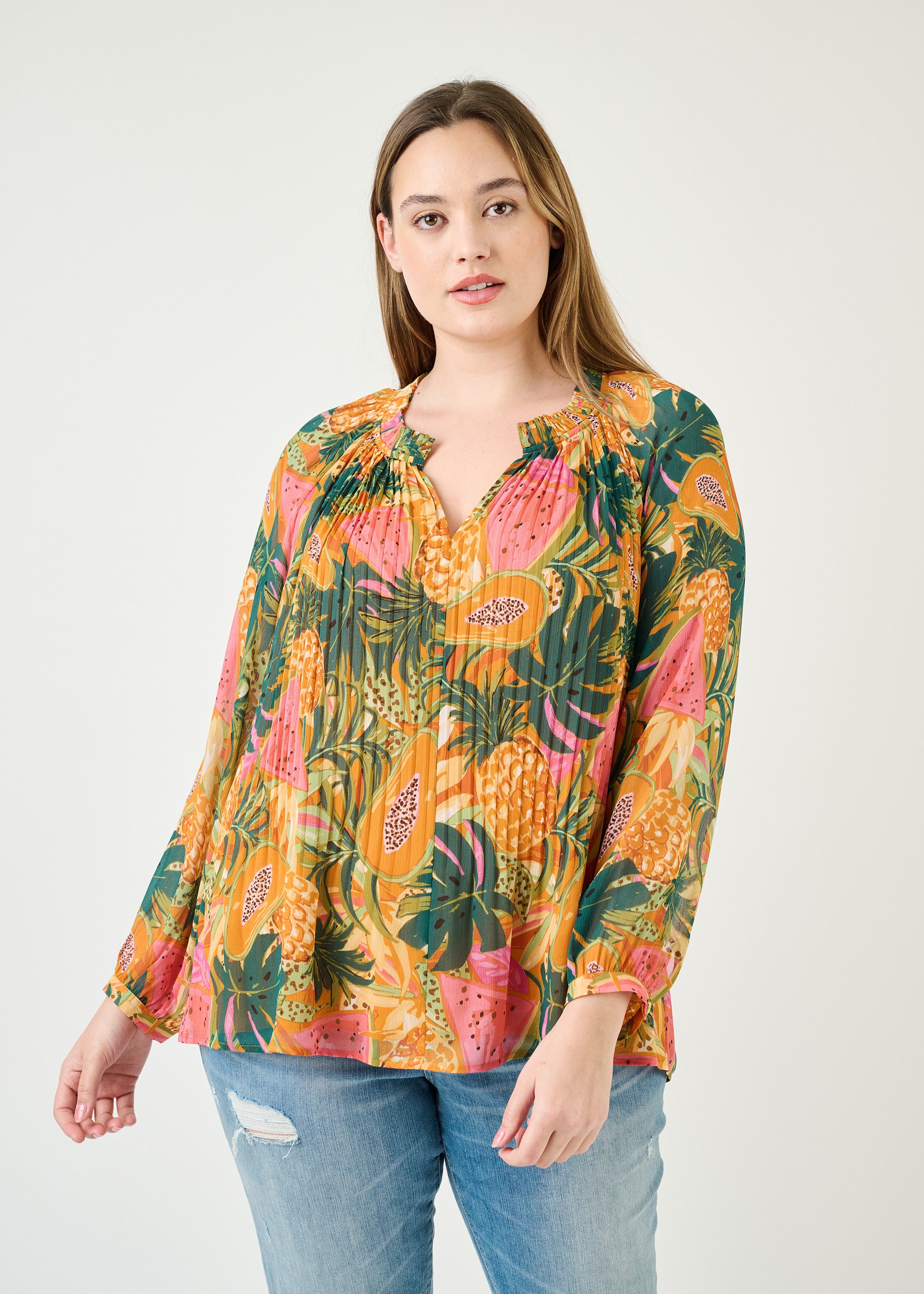 Elle Pleated Papaya Print Top (Plus Size) – Daniel Rainn | Women's Clothing  Line | Official Site