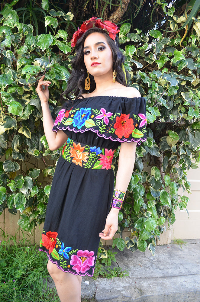 mexican black dress with flowers