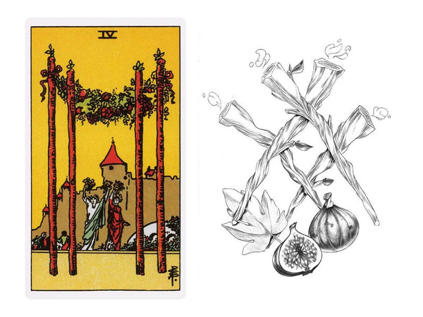 A quick comparison of the four of wands in the Rider Waite deck and the Luminous Tarot Deck