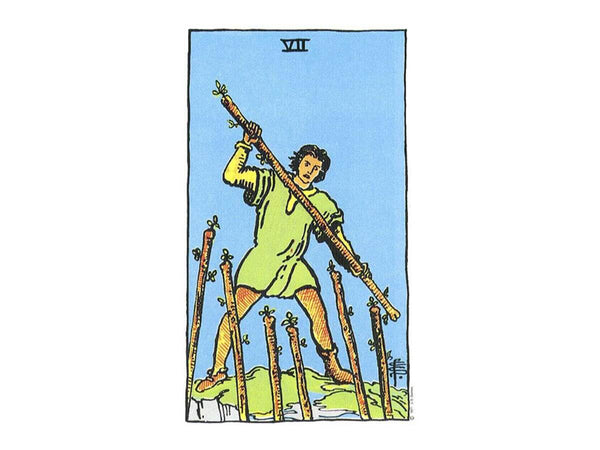 The seven of wands in the Rider Waite deck. The seven of wands meaning in tarot.