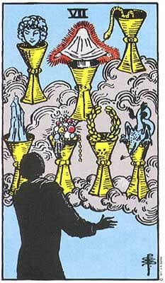 Seven of Cups Meaning - Original Rider Waite Tarot Depiction
