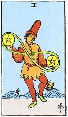 Two of Pentacles Meaning - Original Rider Waite Tarot Depiction