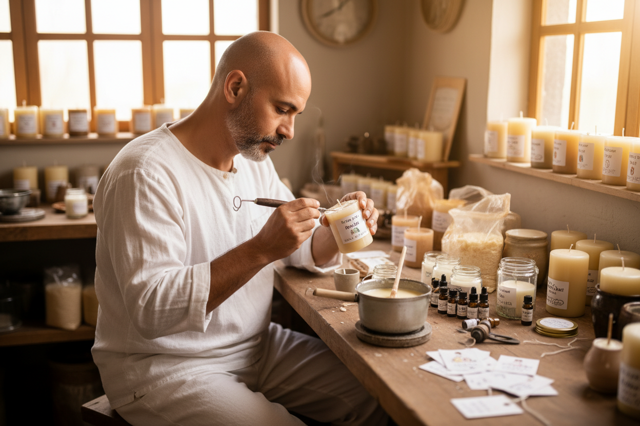 Customization
Many artisans offer the option to customize your soy candles. Whether you want a specific fragrance, a unique container, or even a personalized label, handmade soy candles can be tailored to your exact preferences. Add a 45 year old latino bald man wearing white. He is also wears a salt and pepper beard. Short beard.