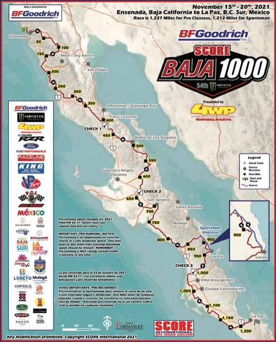 Course map for the 2021 Baja 1000 race that Team Fourtillfour will compete in from Ensenada to La Paz