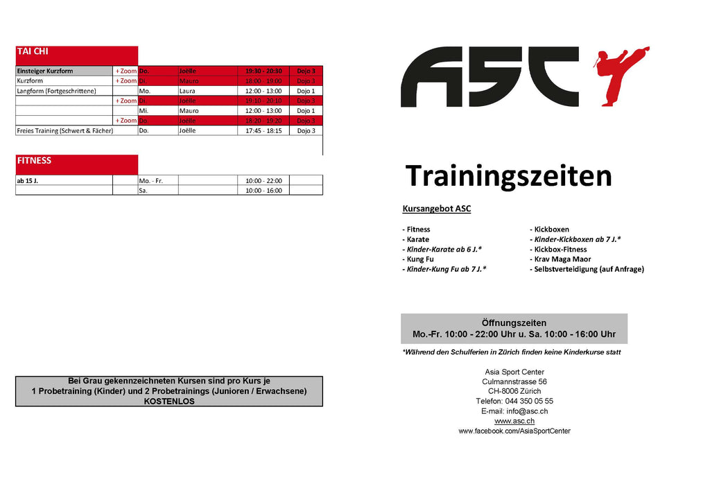 Trainingsplan ASC Asia Sport Center AG Zürich