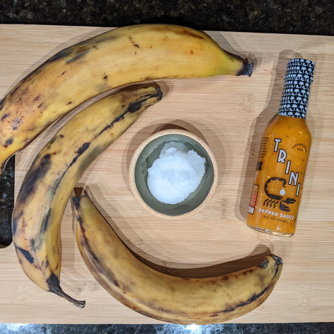 Unripe Plantains, Coconut oil, and Original Trini Pepper Sauce