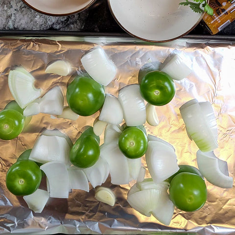 Onion, Garlic, and Tomatillos on baking sheet