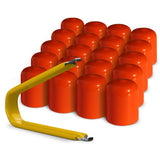 Multi-pack of orange ColorLugs LugCaps — flexible, durable and form-fitting vinyl lug nut covers with extractor tool