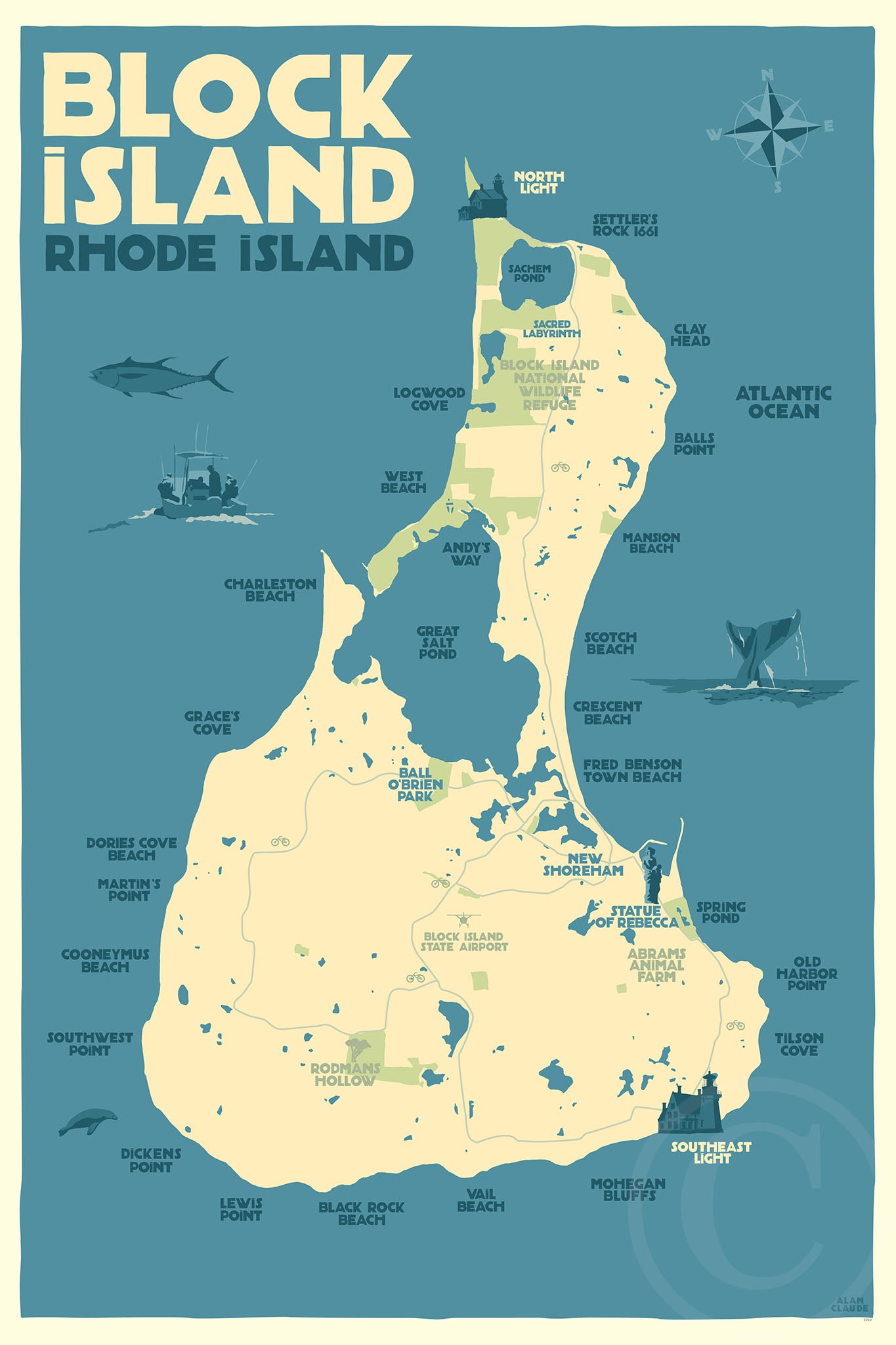Block Island Map Art Print 24" x 36" Travel Poster Rhode Island
