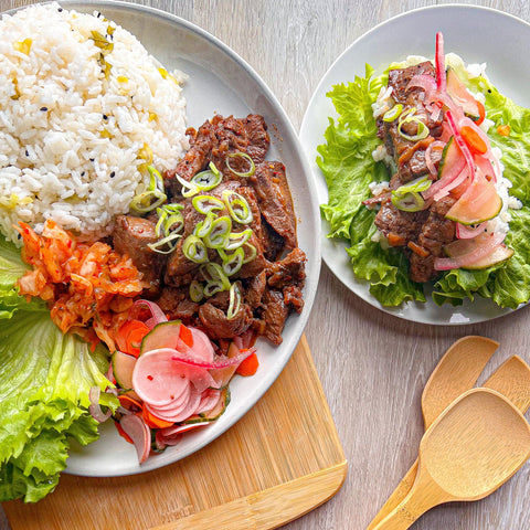 Korean Bulgogi Lettuce Wraps with Scallion Rice + Pickled Vegetables