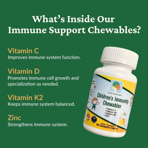 Our Kids Immunity Chewables are an excellent source of vitamins C, D, K2 and zinc