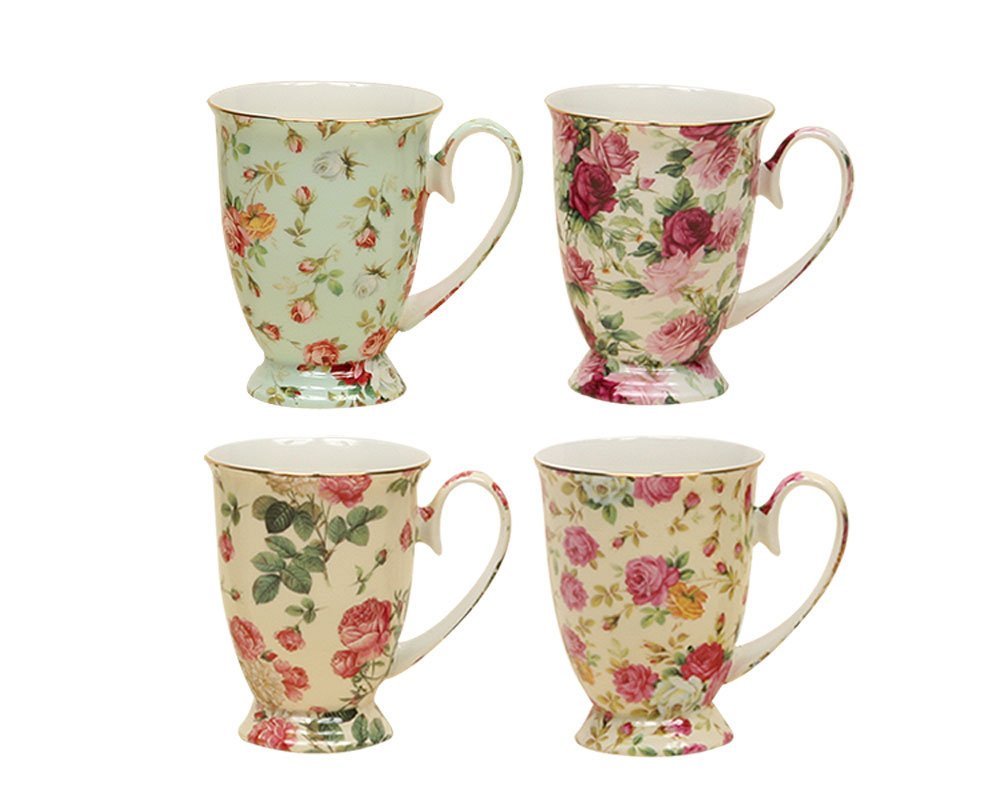 Gracie China Rose Chintz Porcelain Pedestal Mugs 9-Ounce Set of 4 Assorted with Gold Trim
