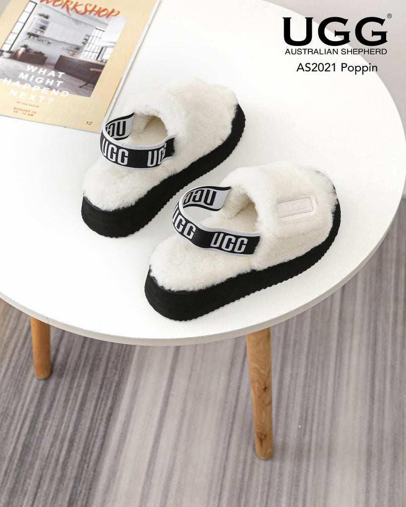 black and white fluffy sandals