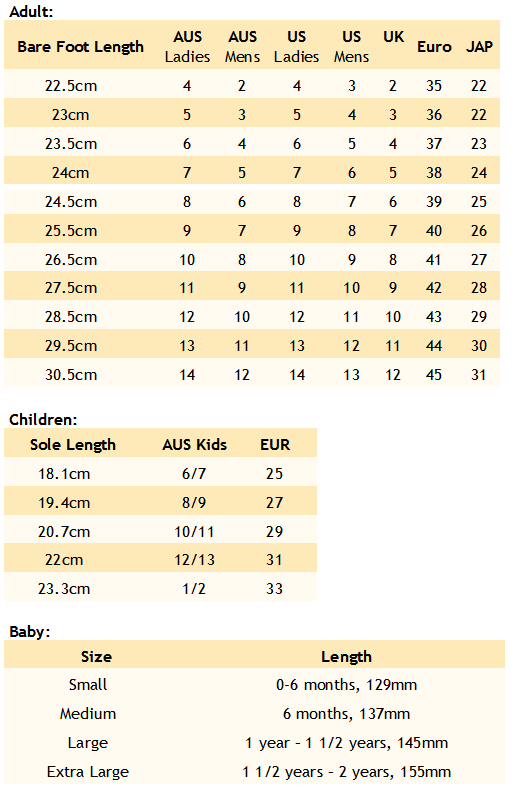 ugg australia size chart