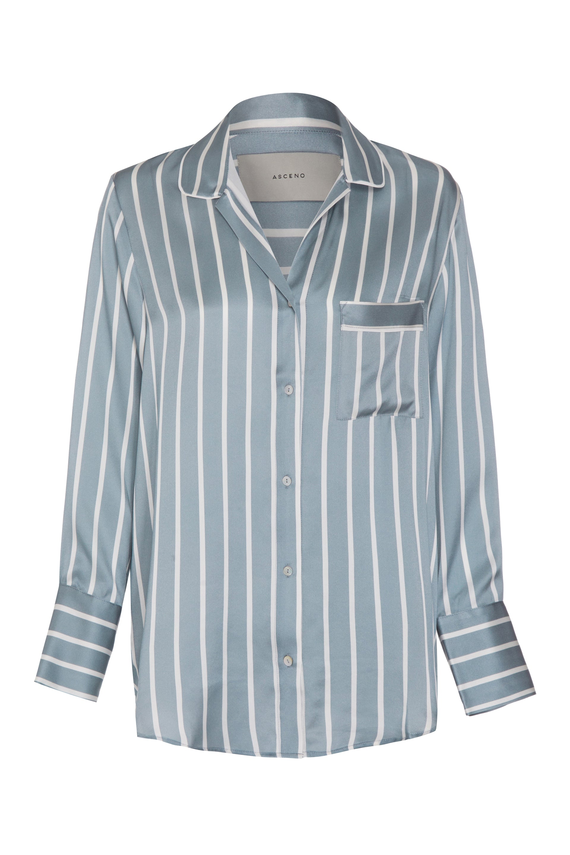 Paris Dust Blue Stripe Printed Silk Oversized Pyjama Shirt