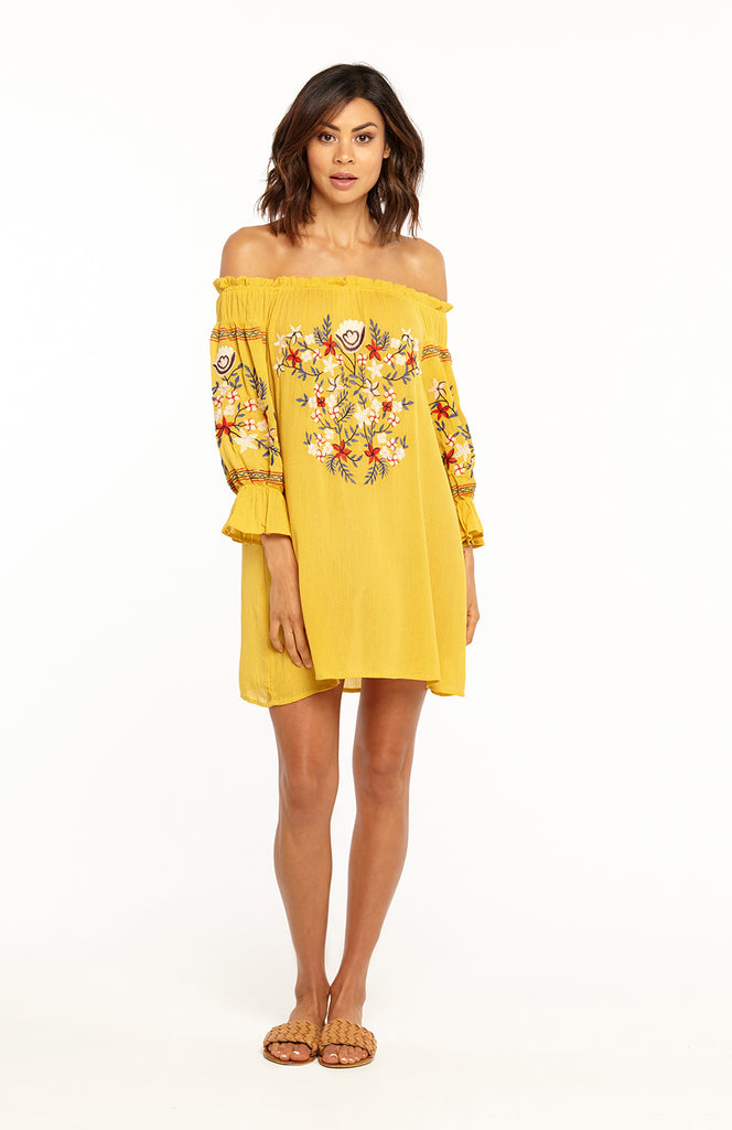 neon yellow off the shoulder dress