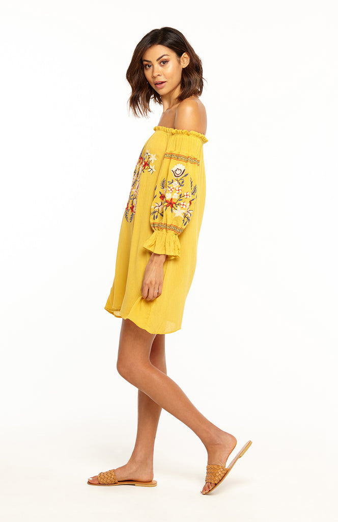 yellow long sleeve off the shoulder dress