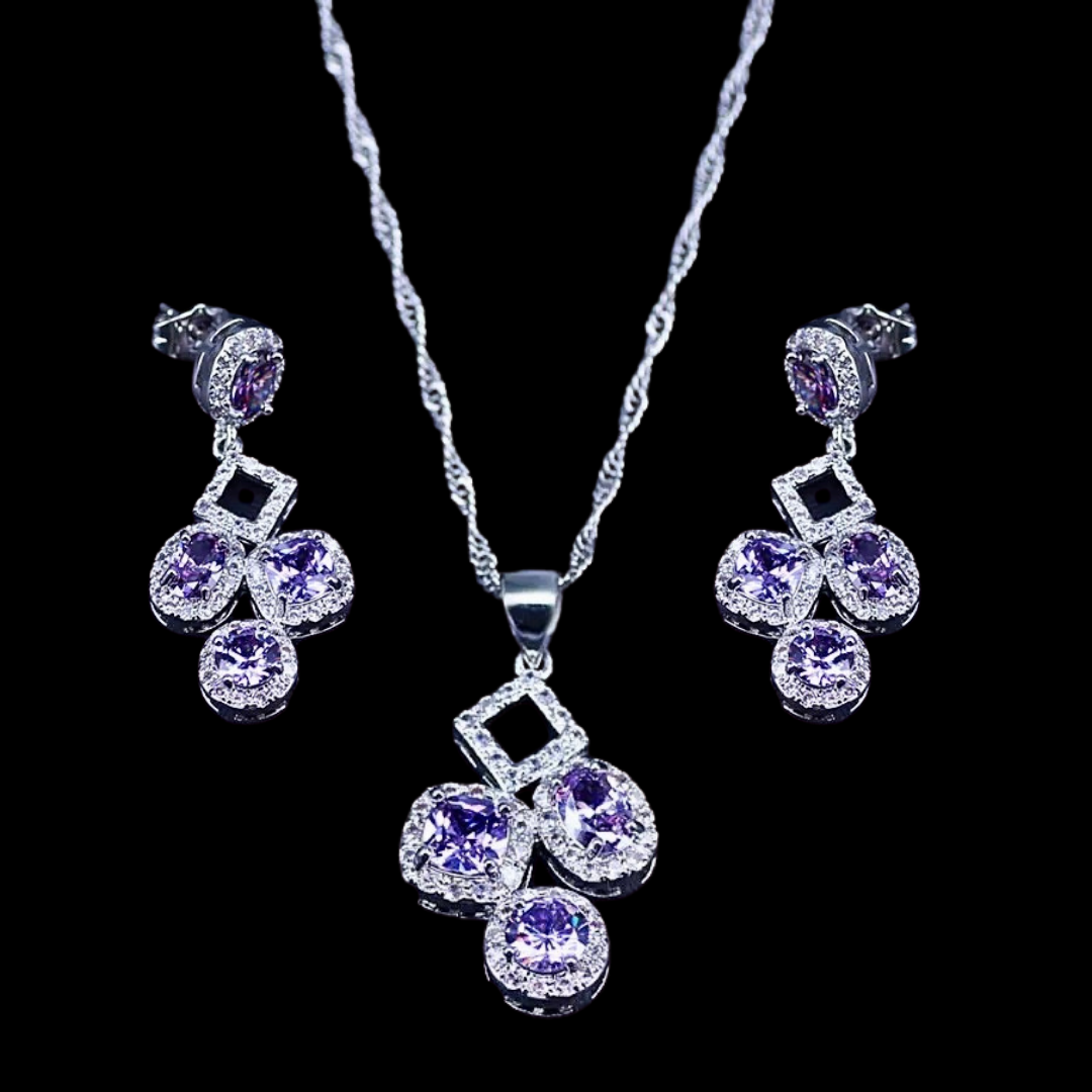 Sterling Silver Amethyst Geometric Necklace Set