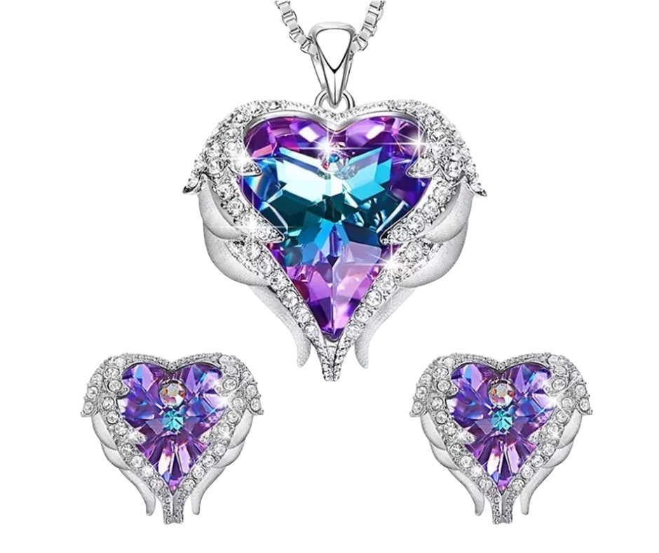 Angel Wing Love Heart Swarovski Crystal Necklace Set