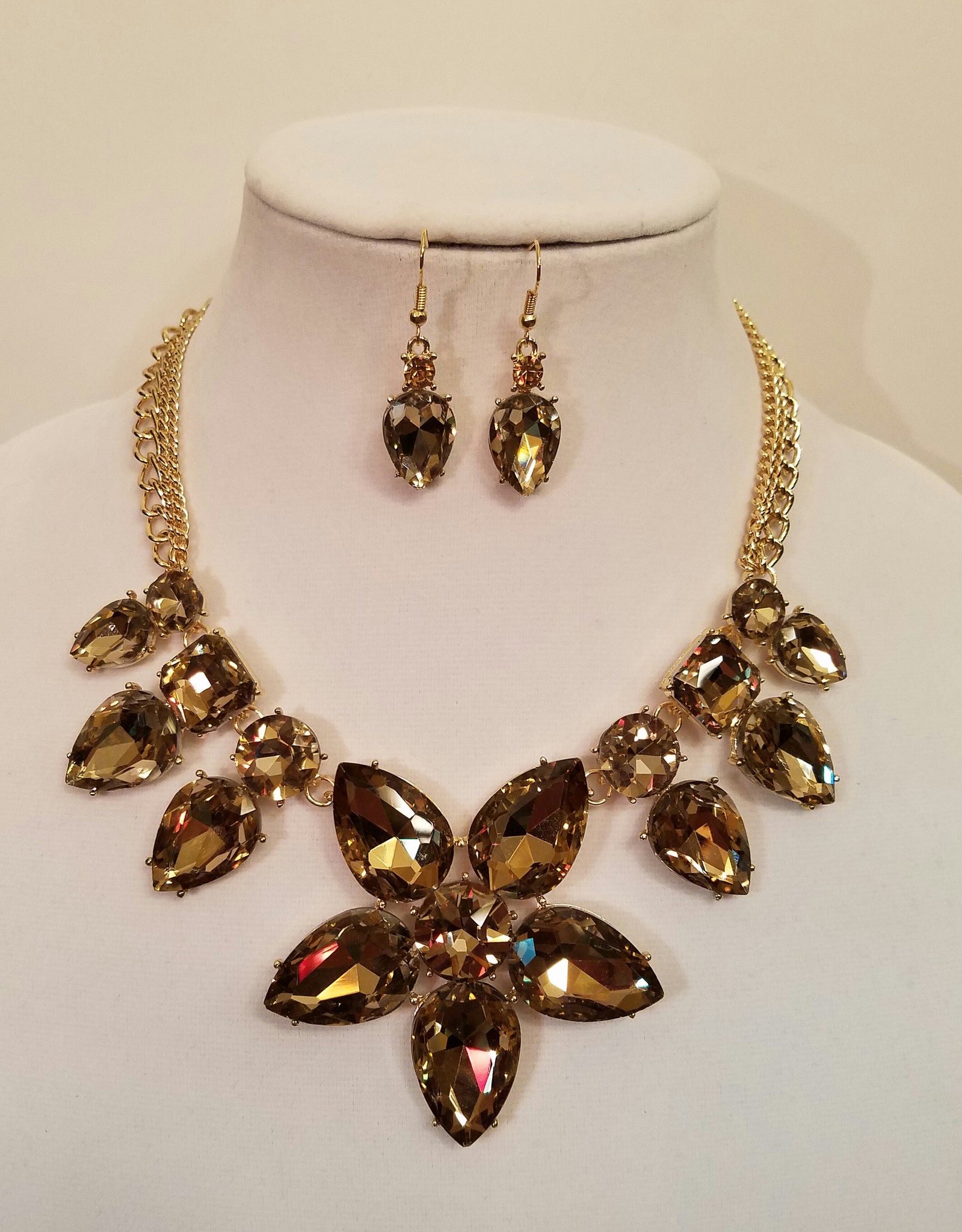 Chocolate Gold Floral Crystal Statement Necklace Set