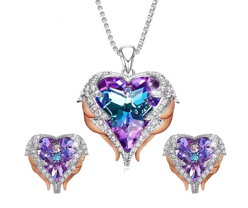 Angel Wing Love Heart Swarovski Crystal Necklace Set