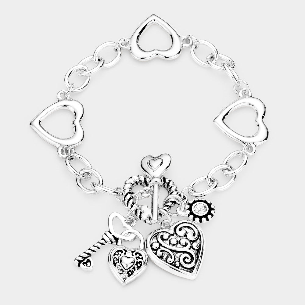 Heart Key Lock Charm Toggle Bracelet