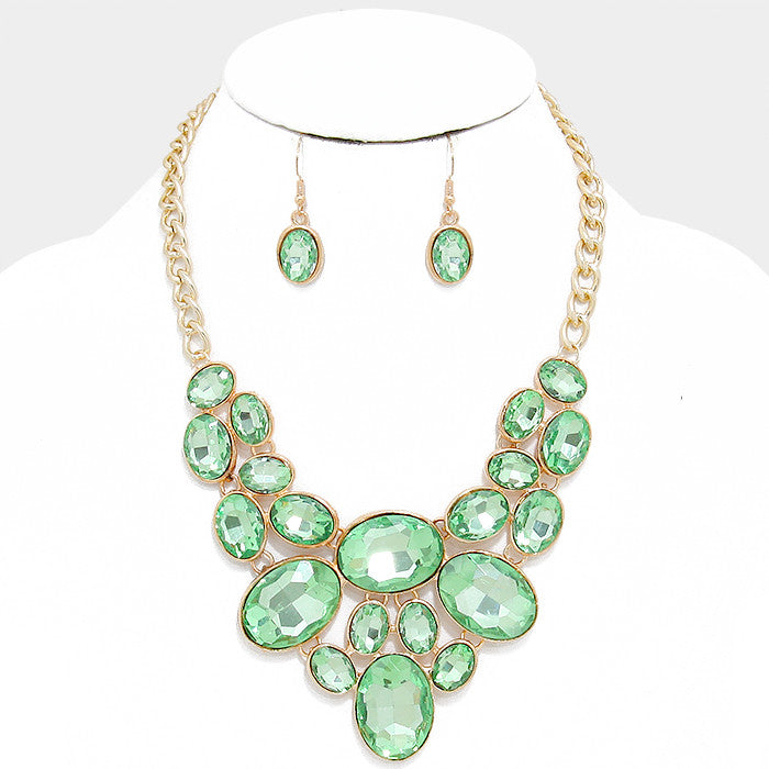 Mint Green Oval Crystal Rhinestone Bib Necklace Set