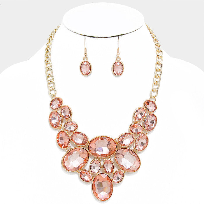 Peach Oval Crystal Rhinestone Bib Necklace Set