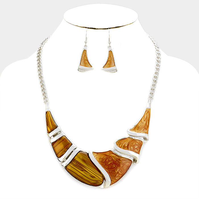 Brown Silver Epoxy Crescent Bar Necklace Set