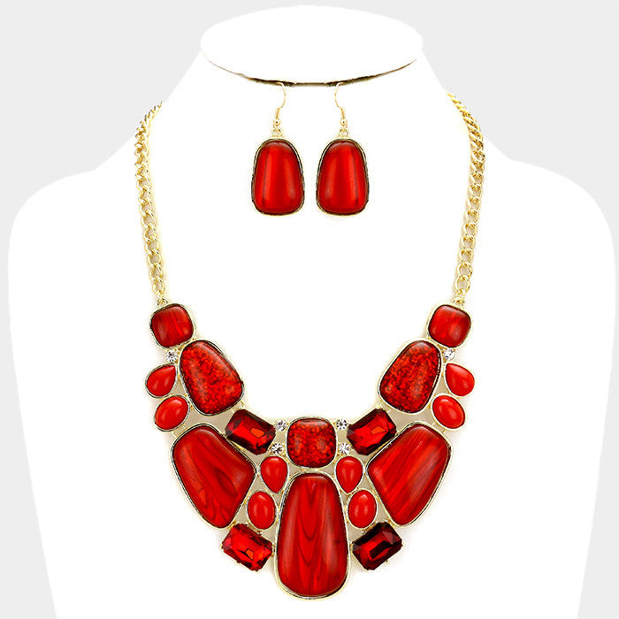 Gold Red Glitter Epoxy Statement Necklace Set